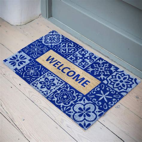 OnlyMat Welcome Printed Blue Colour Natural Coir Entrance Door Mat
