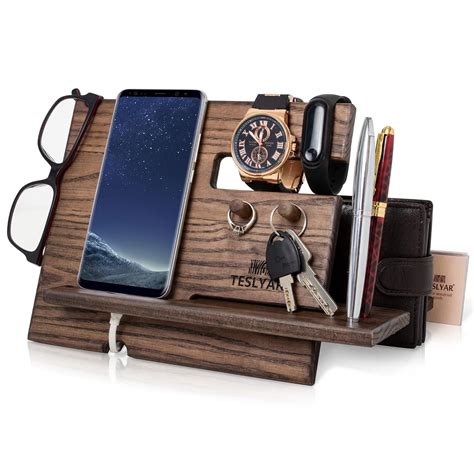 TESLYAR Gifts for Men Wood Phone Docking Station Ash Key Hooks Holder ...