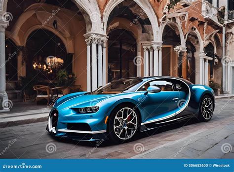 A Blue Bugatti Is Parked Outside A Building With Pillars In The Background Stock Illustration ...