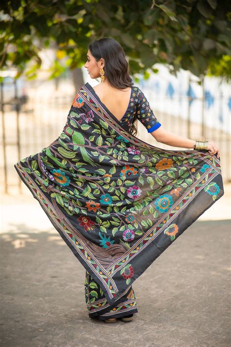 Black Pure Silk Kantha Saree with Parrot Motifs | Katha Weaves – Kathatale