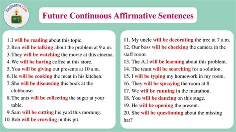 60 Sentences Example in Future Continuous Tense - Englishtivi