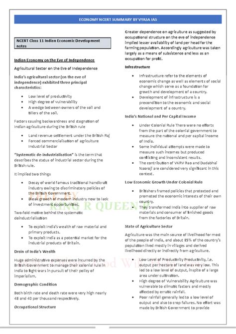 Summary Economy Ncert Vyas IAS KING R Queen P - NCERT Class 11 Indian ...