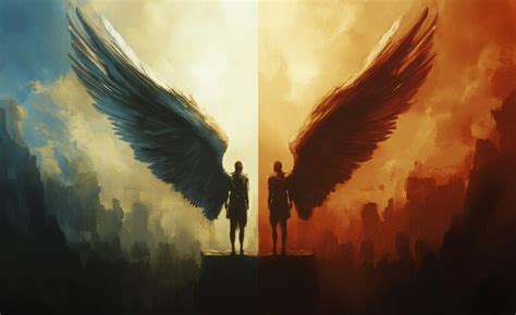Concept art for good versus evil A dazzling white angel wing contrasts ...