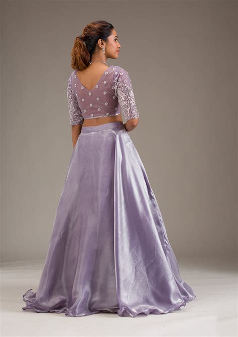 Buy Lavender Stonework Semi Crepe Readymade Lehenga - Koskii