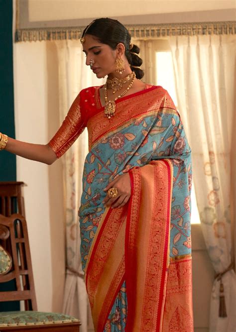 Blue Kalamkari Saree with Banarasi Border – Sunasa