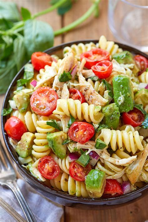 Healthy Chicken Pasta Salad with Avocado, Tomato, and Basil ﻿ - My ...