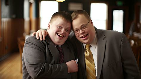 Happy young man with Down syndrome and his mentor friend celebrate ...
