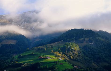 Wallpaper forest, the sky, mountains, the slopes, height, haze, houses ...