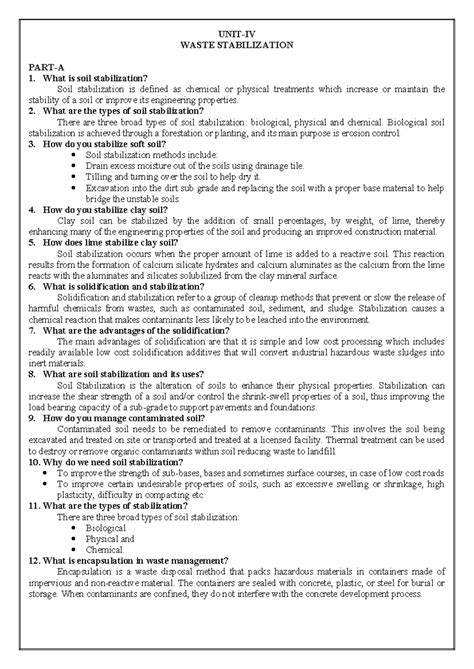 GEE -UNIT-IV-A - UNIT-IV WASTE STABILIZATION PART-A What is soil ...