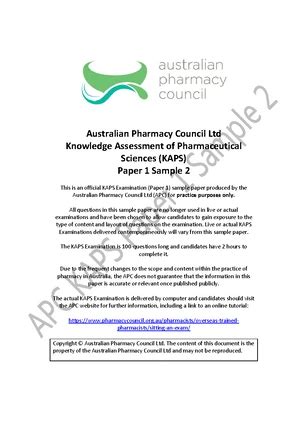 KAPS Paper 1 Sample 1 - lecture - Australian Pharmacy Council Ltd ...