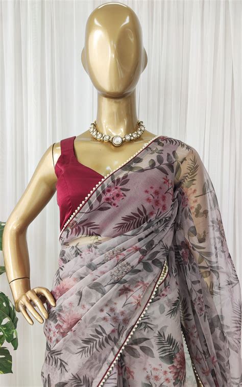 Dove Grey Foliage Print Organza Saree