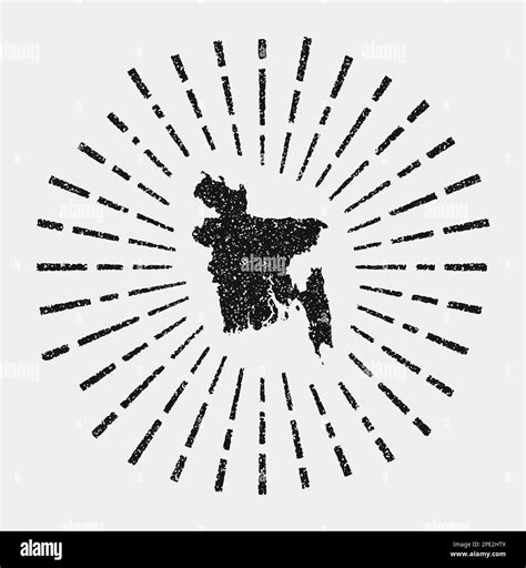 Vintage map of Bangladesh. Grunge sunburst around the country. Black Bangladesh shape with sun ...