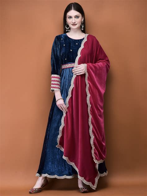Women Winter Velvet Blue Solid Dress With Dupatta