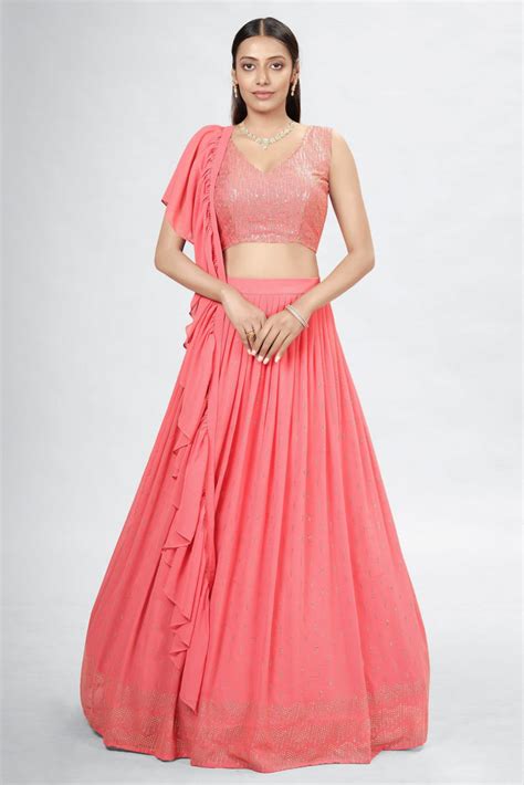 Coral Indian Georgette Lehenga Choli With Ruffle Dupatta For
