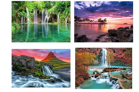 Yellow Alley Nature Wall Sticker Poster Combo|Waterfall|Sunset View ...