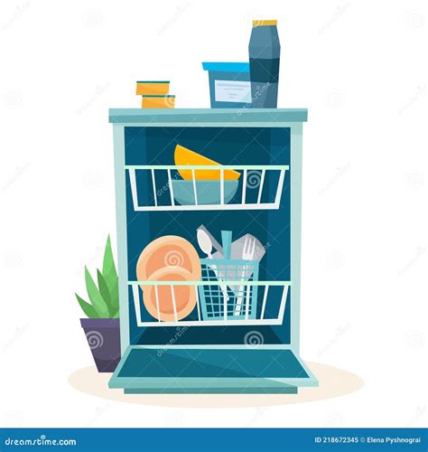 Open Dishwasher with Clean Dishes. Stock Vector - Illustration of ...