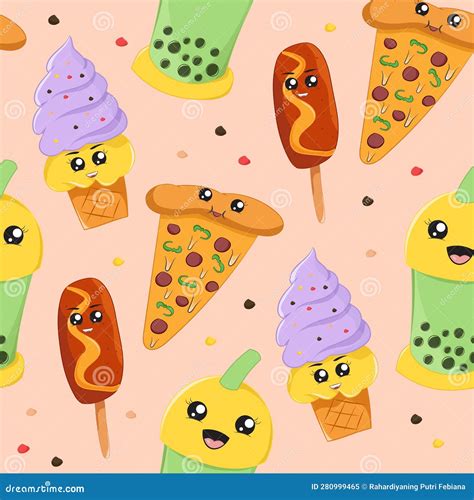 Cute Pizza and Ice Cream Cartoon Seamless Pattern Stock Vector ...