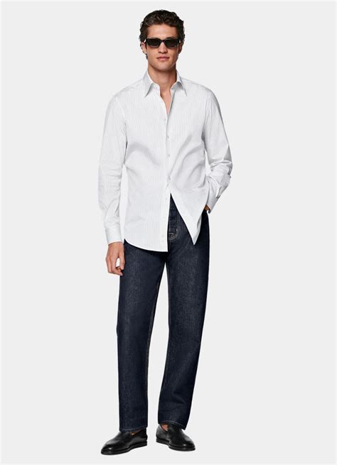 White Striped Point Collar Shirt in Egyptian Cotton | SUITSUPPLY