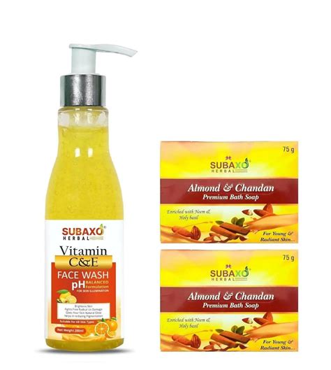 Subaxo Herbal Almond (75 gm Each, Pack Of 2) & Vitamin C&E Face Wash ...