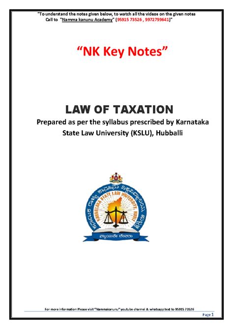 KSLU Law of Taxation Final Exam Notes - Key Concepts & Overview - Studocu