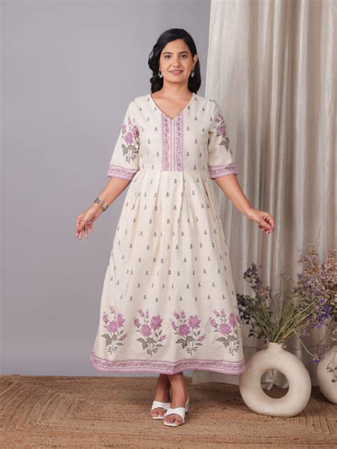 Buy Off White Placement Print A-line Linen Cotton Dress TP8883T | Aramya