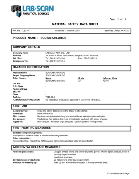 Material Safety Data Sheet Sodium Chloride at Joanna Swanner blog