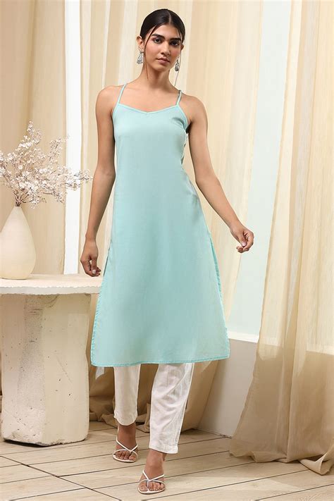 Buy Aqua Embroidered Gathered Kurta Online at Biba India