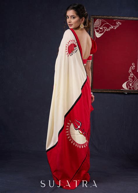 Graceful Hand-painted Durga-Ma Saree in Off-white Rayon & Red Combinat ...