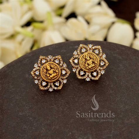 Lakshmi Lotus Temple Stud with American Diamond - Sasitrends
