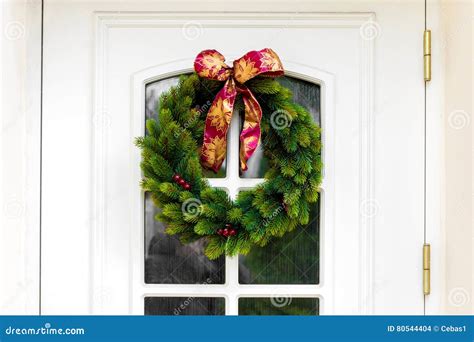 Christmas Wreath on a White Home Doors Stock Photo - Image of decor ...