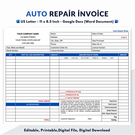 Auto Repair Invoice Template Excel