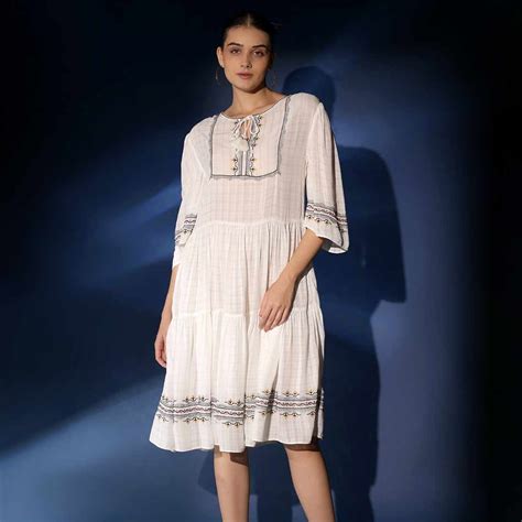 Saint Womens White Viscose Check Dobby Knee-Length Dress – SaintG India