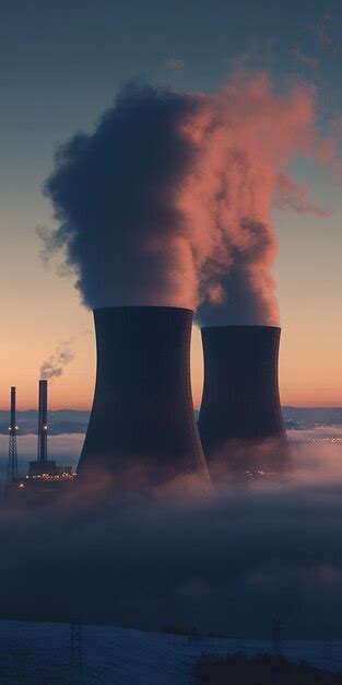 Nuclear towers in the sky with the sun setting behind them | Premium AI ...