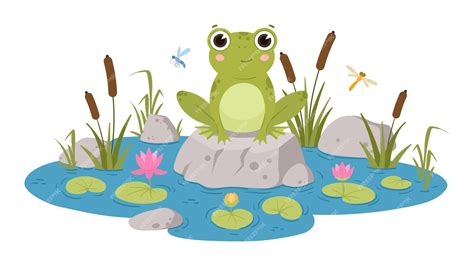 Premium Vector | Cartoon frog sitting in pond cute amphibia green toad in natural habitat flat ...