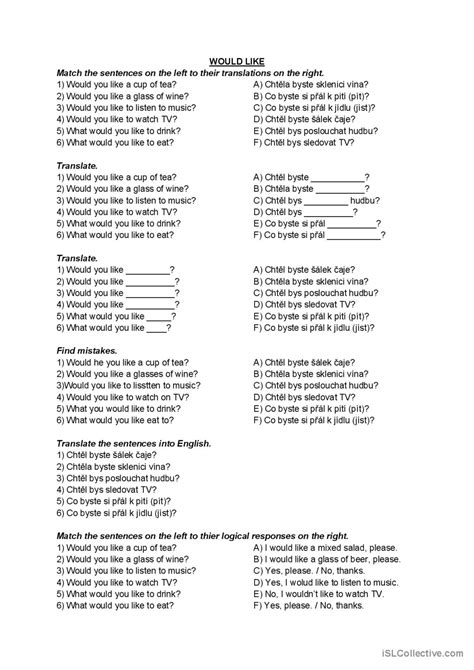 Would like. . . ? - (czech - english…: English ESL worksheets pdf & doc