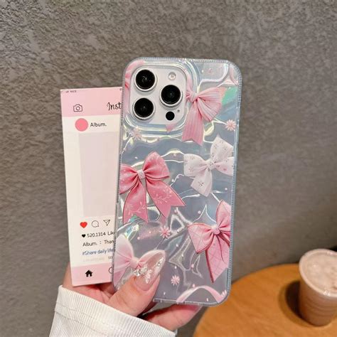 Holographic Pink Bow iPhone Case with Pearl Strap – IMcase