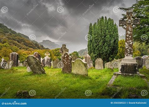 Ancient Graves with Celtic Crosses in Glendalough Cemetery, Wicklow ...