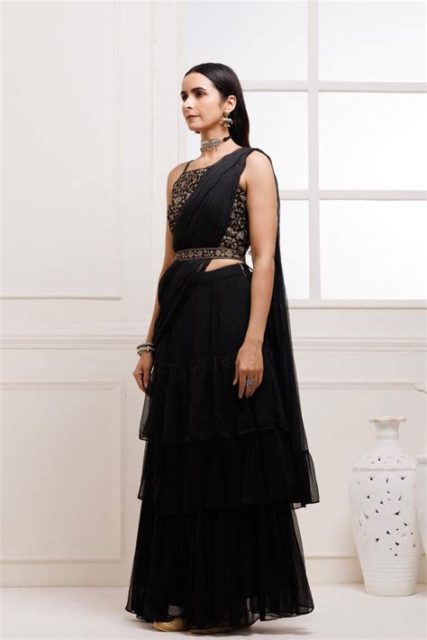 Buy Black Ruffled Chiffon Saree with Blouse – Geroo Jaipur