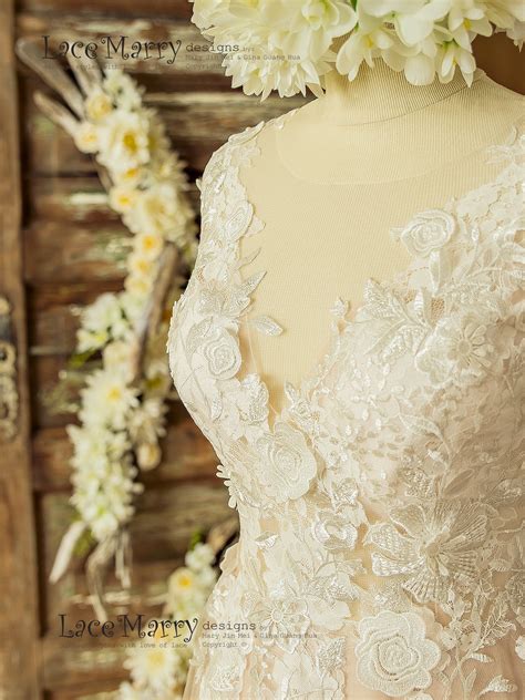 Boho Blush Wedding Dress with Ivory Lace 3D Flower Appliques - LaceMarry