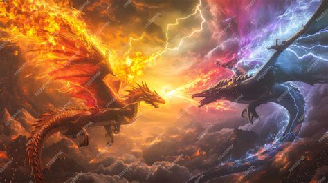 3d illustration Dragon Fighting epic battle between fire dragon and ...