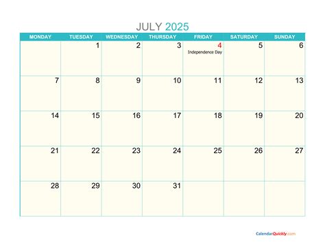 July Monday 2025 Calendar Printable | Calendar Quickly