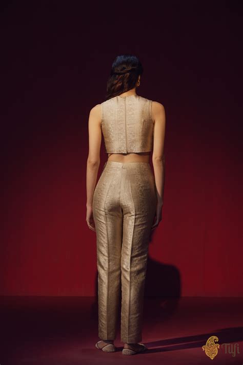 Grey-Gold Handwoven Banarasi Brocade Top and Pants Set with Organza Ha ...