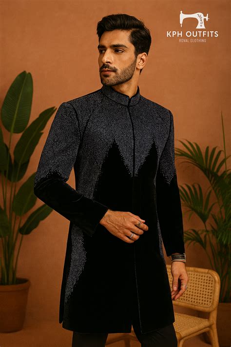 Black Velvet Handcrafted Sherwani Set with Intricate Bead Detailing ...