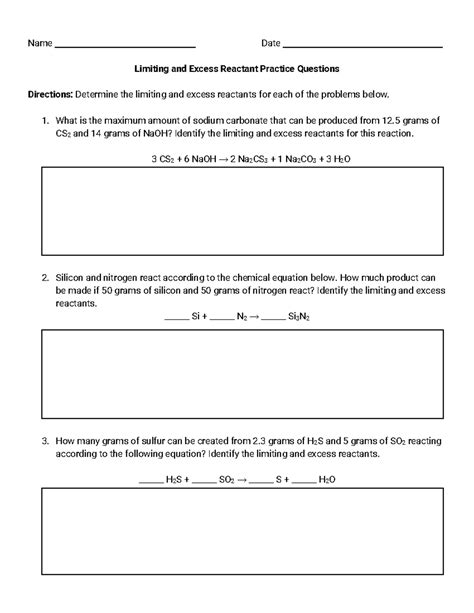 Limiting & Excess Reactant Practice Questions - Chem 101 - Studocu