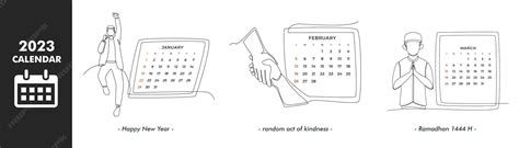 Dessin au trait continu 2023 calendrier défini mois de janvier mois de ...