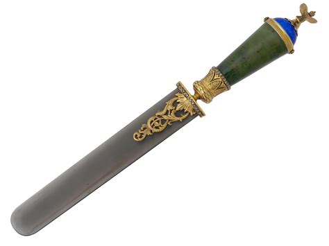 Lot 207 | RUSSIAN SILVER JADE DIAMONDS LETTER OPENER KNIFE