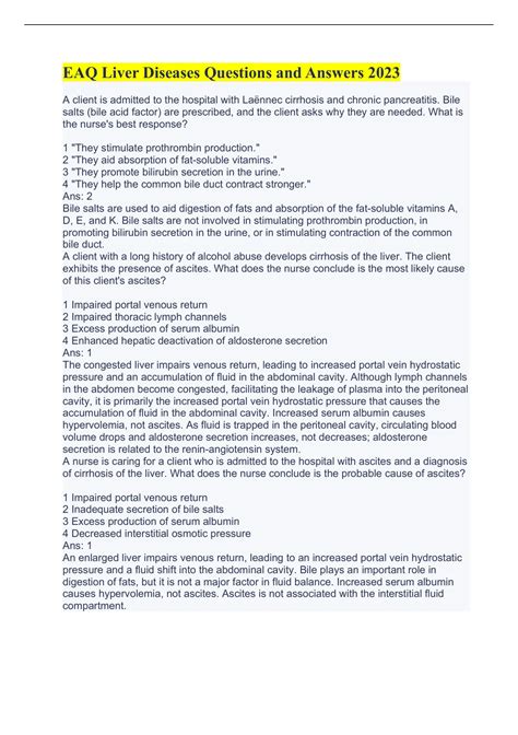 EAQ Liver Diseases Questions and Answers 2023 - EAQ Liver Diseases - Stuvia US