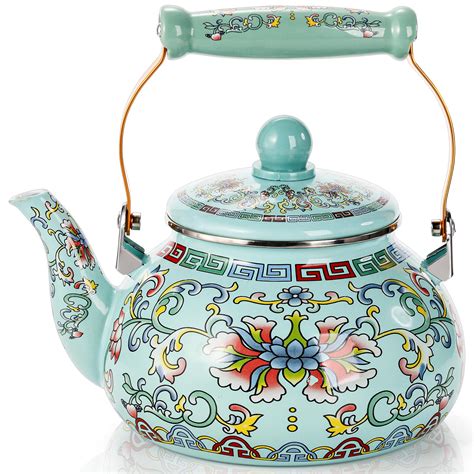 2.6 Quart Vintage Enamel Tea Kettle, Large Enameled Floral Teapot ...