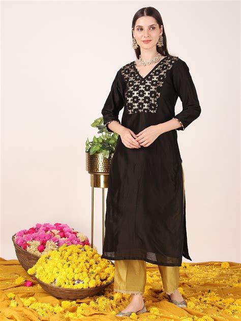 Buy Black Hand Embroidered Chanderi Suit- Set of 3 | Black01/THE33OCT ...