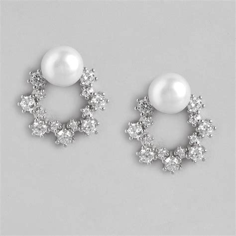 Buy Eternal Pearl Bloom Rhodium-Plated Silver Earrings – Zavya